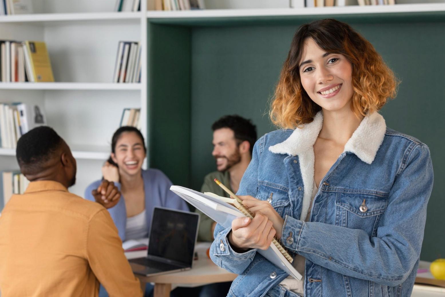 Organisierter Arbeitsplatz für Fernlernen mit Laptop und Notizen